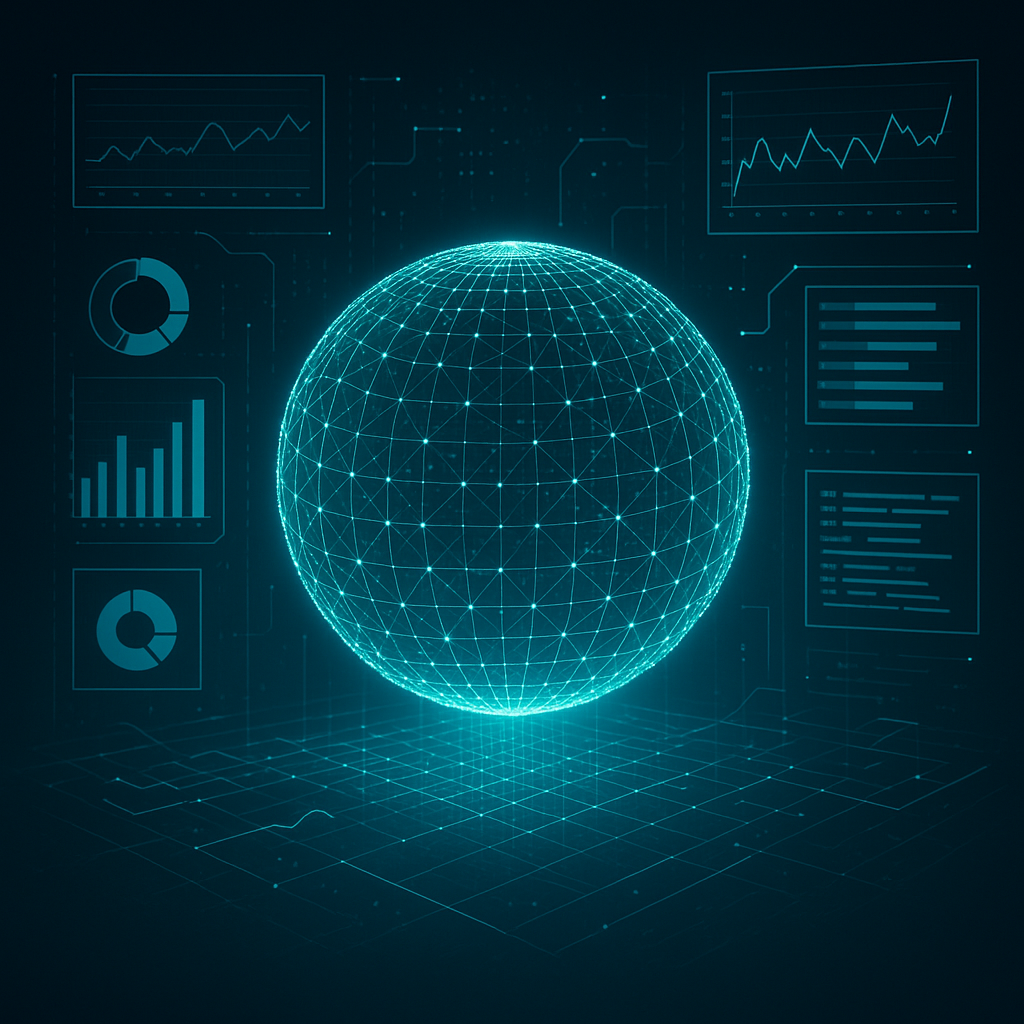 Eine leuchtende, digitale Gitterkugel, umgeben von holografischen Diagrammen und Daten-Dashboards auf einem dunklen Hintergrund.