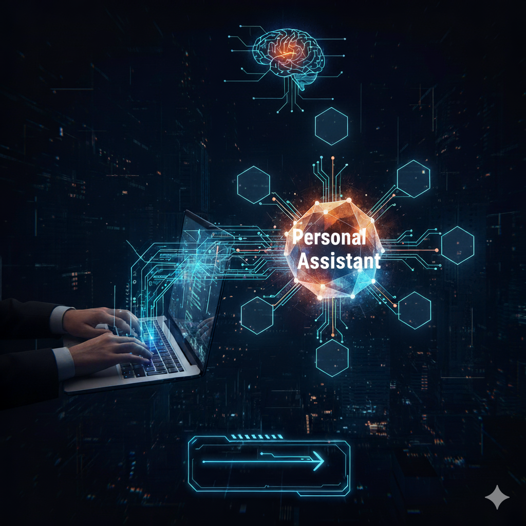 Hände tippen auf einem Laptop, von dem aus digitale Schaltkreise zu einem zentralen Hub mit der Aufschrift "Personal Assistant" führen. Darüber schwebt eine leuchtende Grafik eines Gehirns.