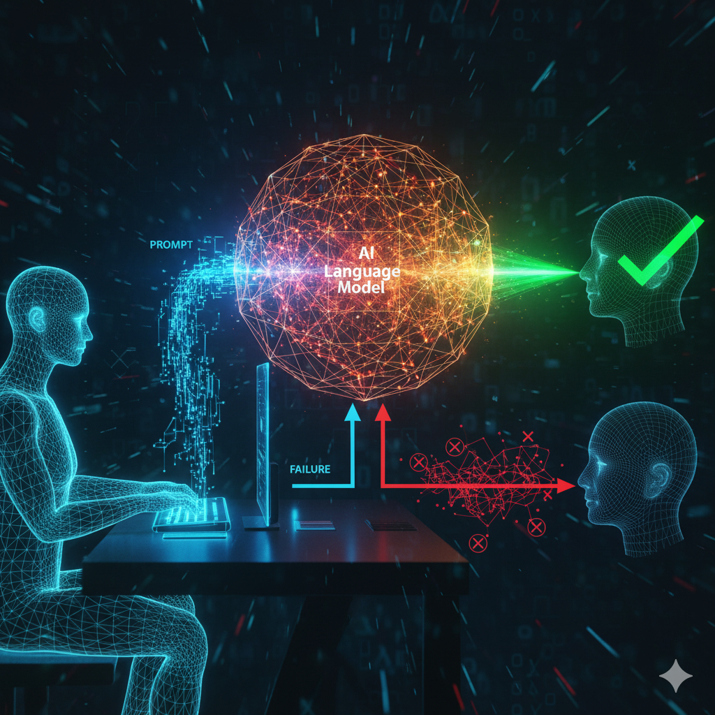 Eine Figur gibt einen Prompt an ein KI-Sprachmodell. Ein guter Prompt führt zu einem erfolgreichen Ergebnis (grüner Haken), während ein schlechter Prompt zu einem Fehlschlag führt (roter Fehlerpfad).