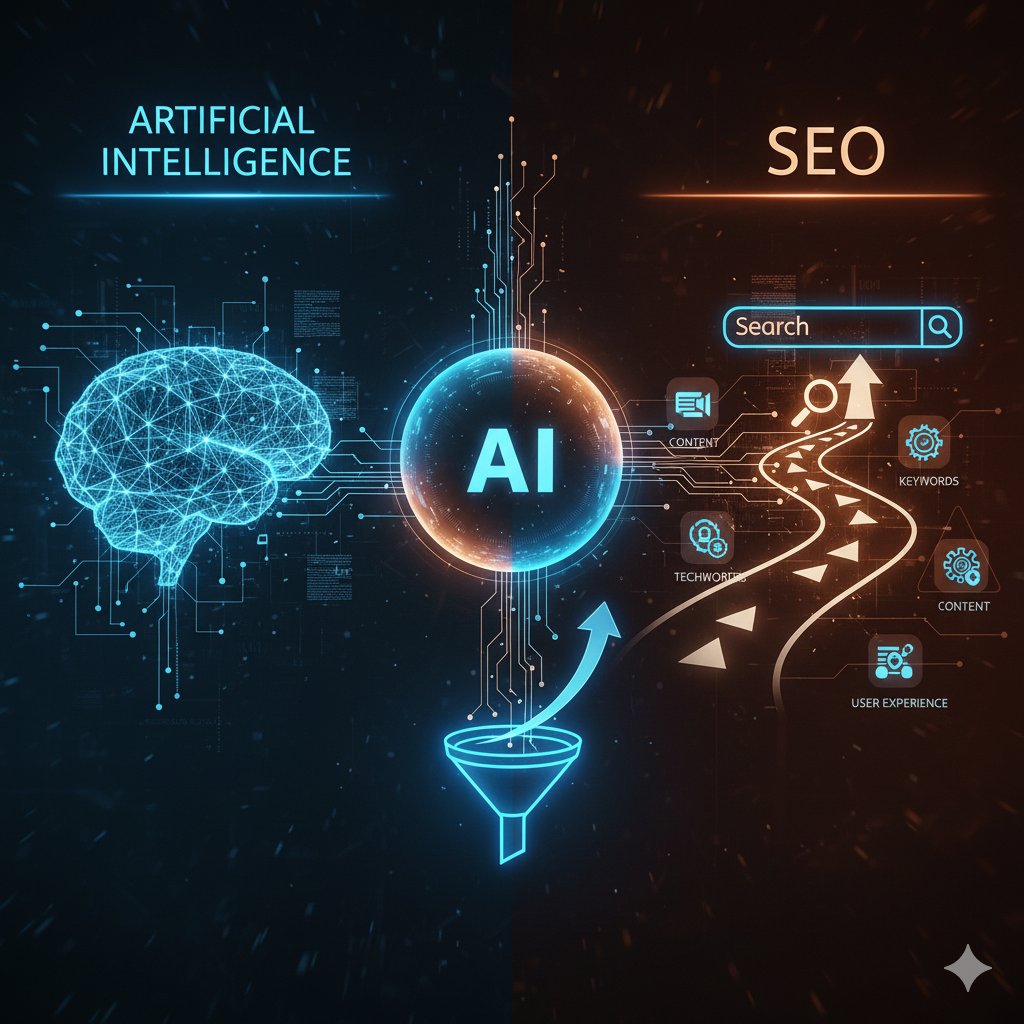 Vergleichende Infografik, die links 'Artificial Intelligence' mit einem digitalen Gehirn in Blau und rechts 'SEO' mit einem Optimierungspfad und Icons in Orange darstellt, verbunden durch eine zentrale AI-Kugel.