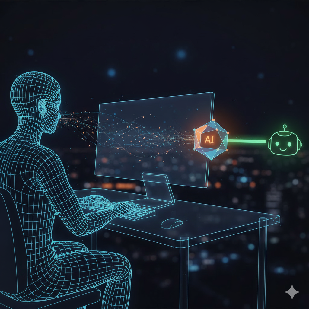 Eine Figur sitzt an einem Schreibtisch und interagiert mit einem Computer. Daten fließen von der Figur zu einem KI-Symbol auf dem Bildschirm, das wiederum mit einem freundlichen KI Assistent verbunden ist.