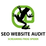 Logo des SEO-Tools Screaming Frog Spider, das die Silhouette eines Frosches auf einem grünen @-Symbol zeigt, mit dem Text "SEO WEBSITE AUDIT".